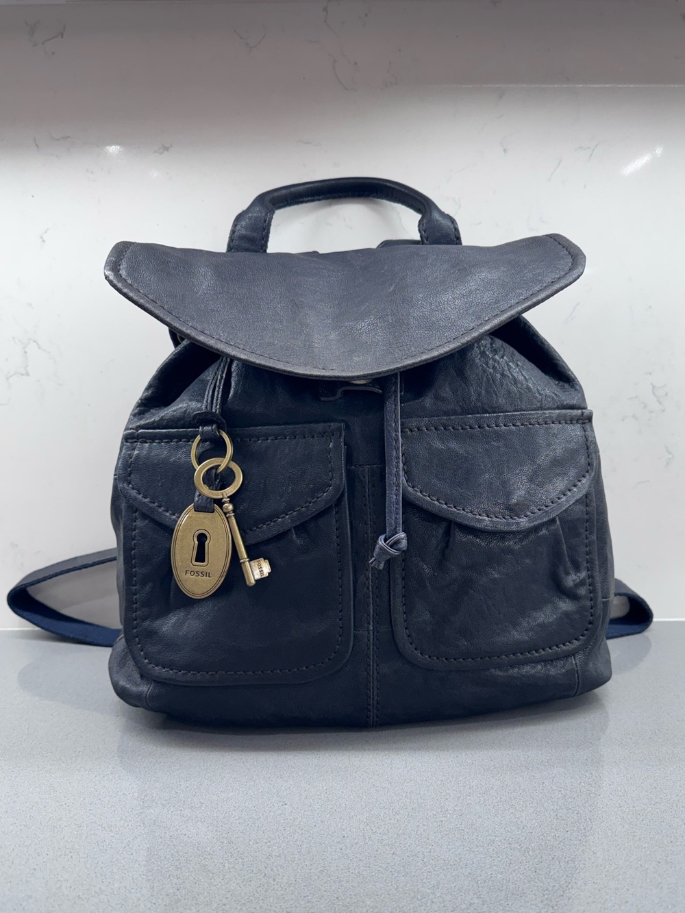 Vintage Fossil Leather Mini Backpack w/brass key charm